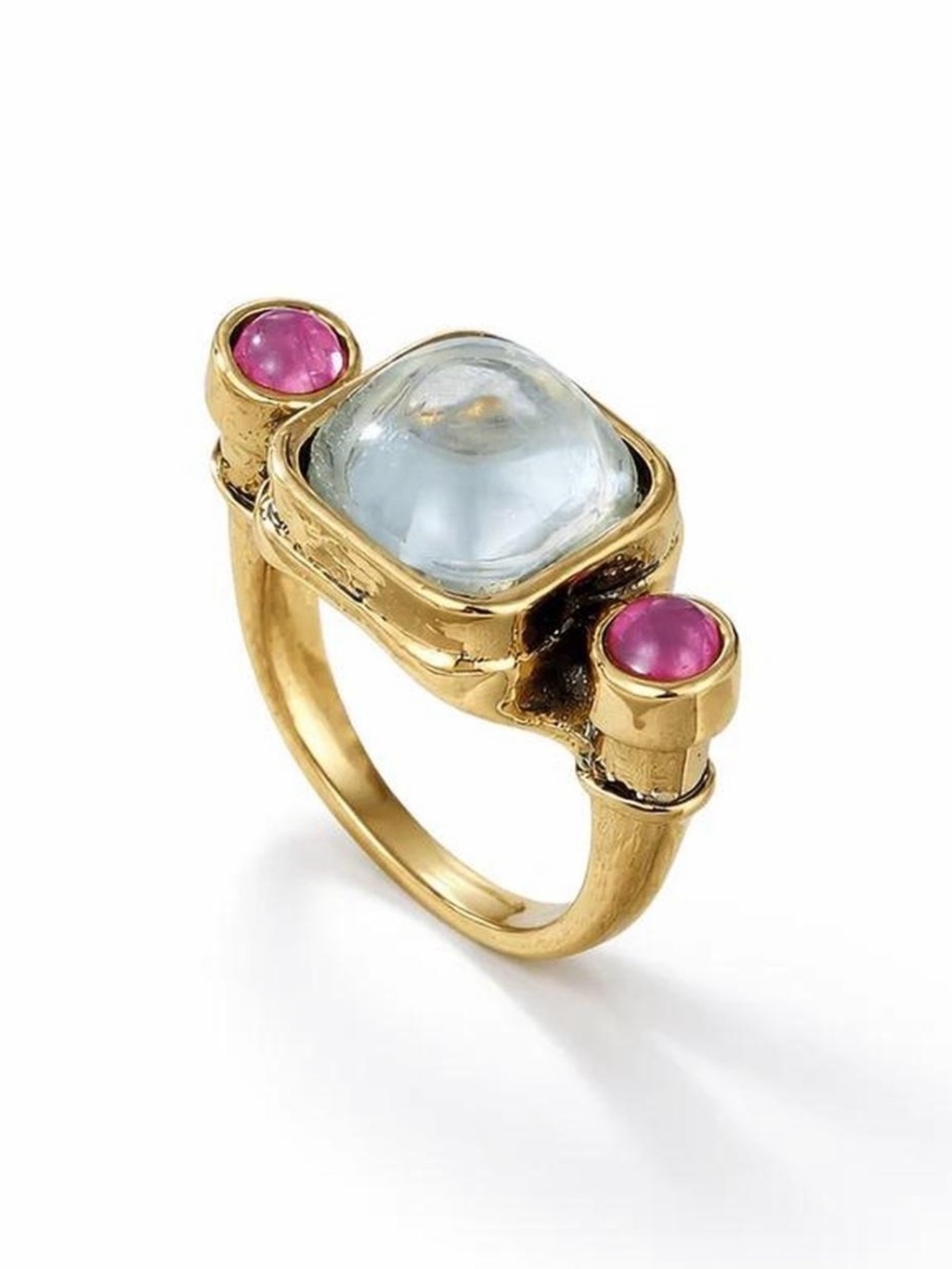 Vintage Gold Ring with Aquamarine Cushion and Pink Accent Gems